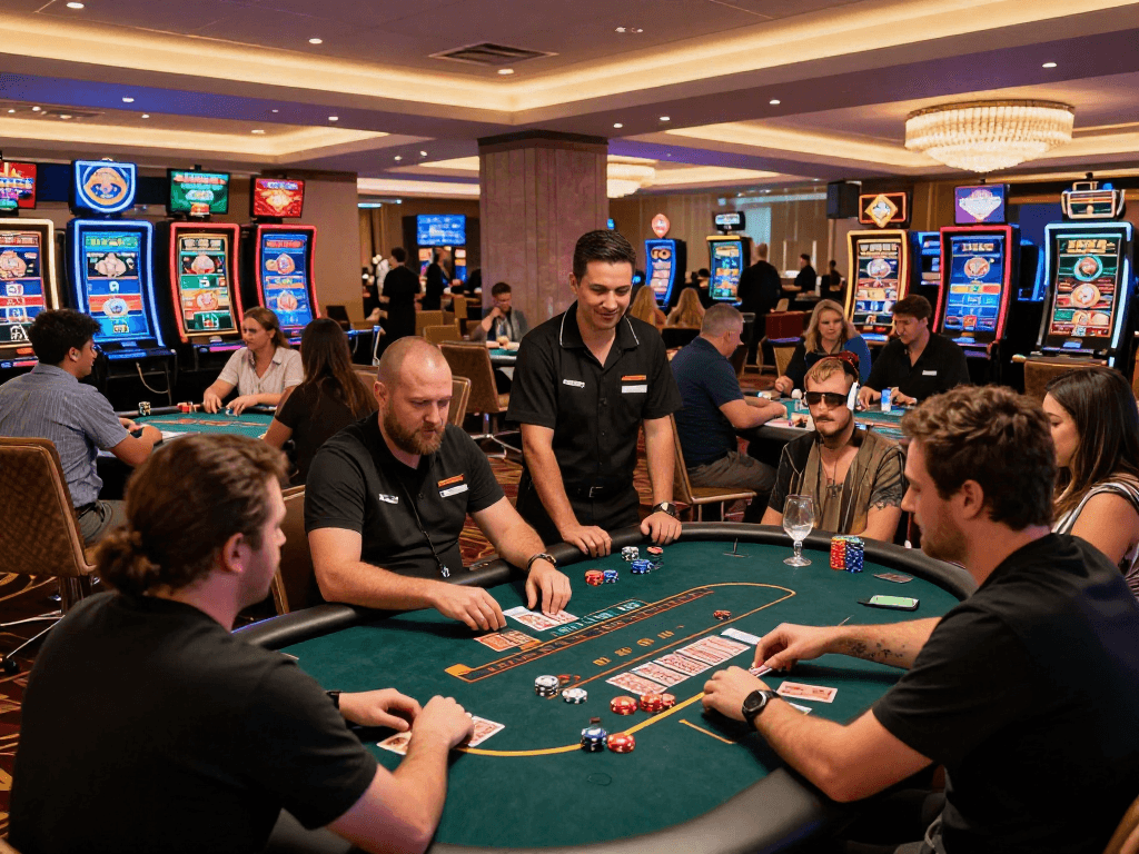 situs live casino players enjoying interactive games with live dealers in an upscale gaming environment