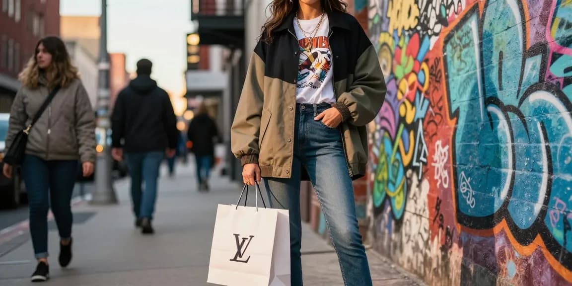 Fashion model showcasing 레플리카 clothing in urban setting, stylish streetwear outfit, vibrant graffiti backdrop