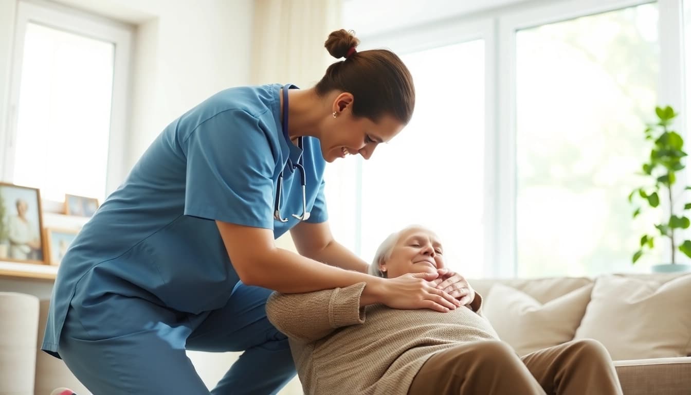 Promoting care at home through a professional caregiver nurturing an elderly patient.