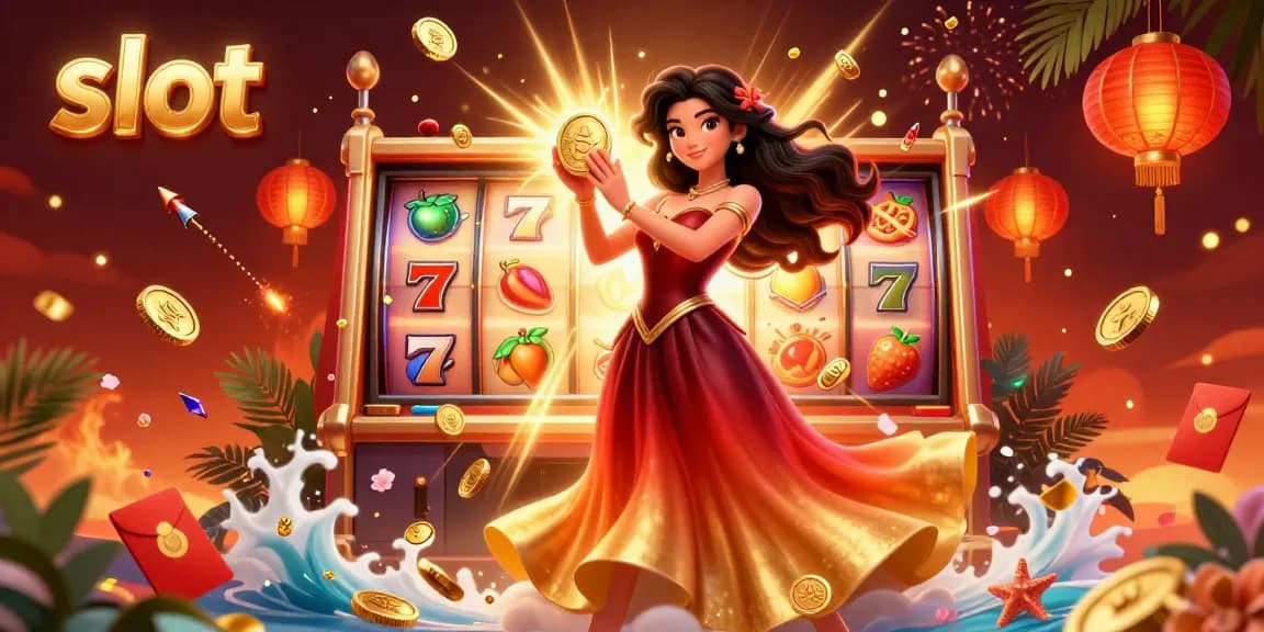Spin and win at thrilling slot games with a stunning Asian woman holding a golden coin amidst a vibrant casino scene.
