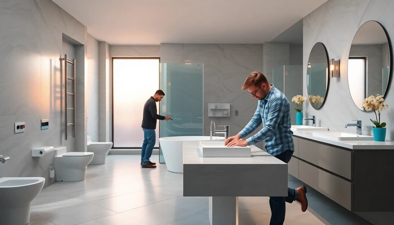 Bathroom installers expertly working on a modern bathroom renovation with sleek fixtures.