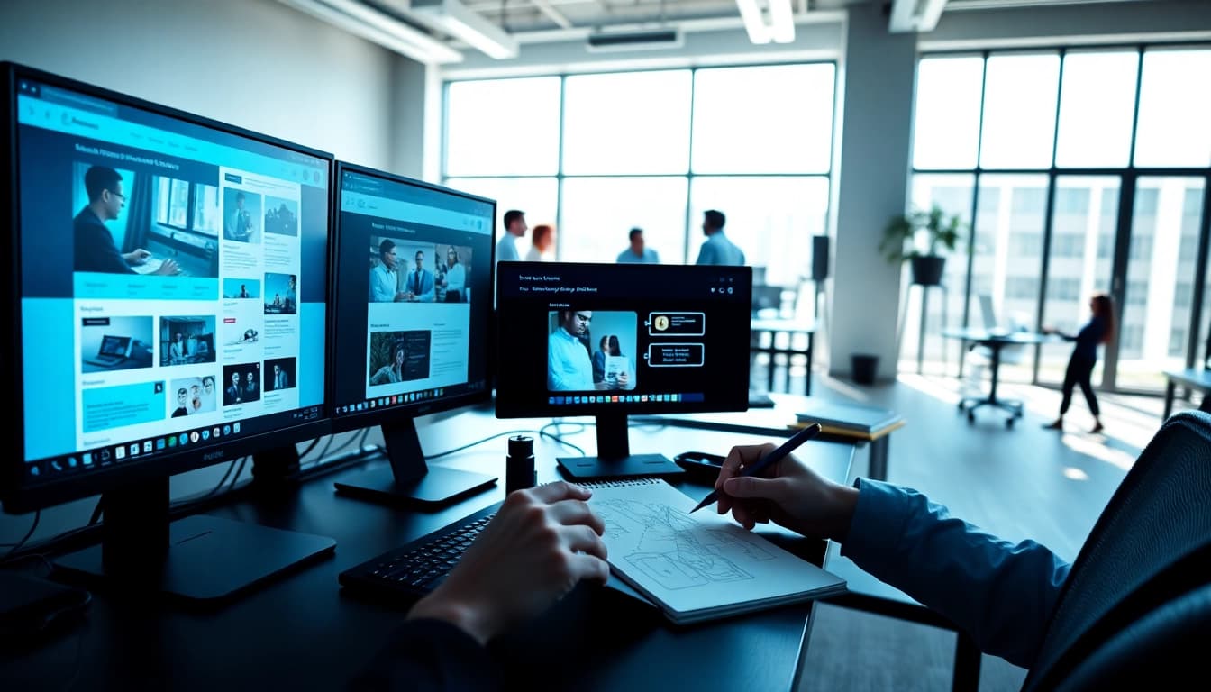 Professionelle Wordpress Agentur bei der Arbeit mit kreativen Designs und Teamzusammenarbeit.