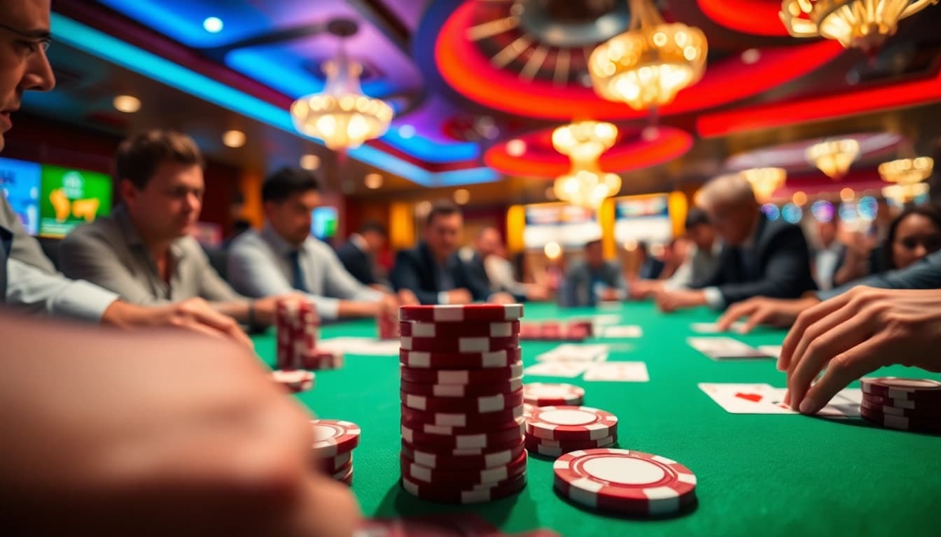 Apk permainan kasino dengan meja poker penuh warna dan para pemain yang terlibat.