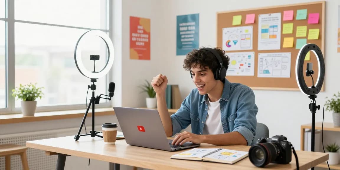 Engaging scene of a content creator illustrating creative ideas for YouTube growth in a vibrant home office.