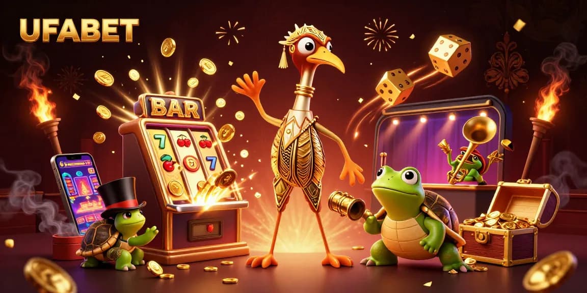 Experience the thrill of UFABET with vibrant casino gaming elements and unique characters.