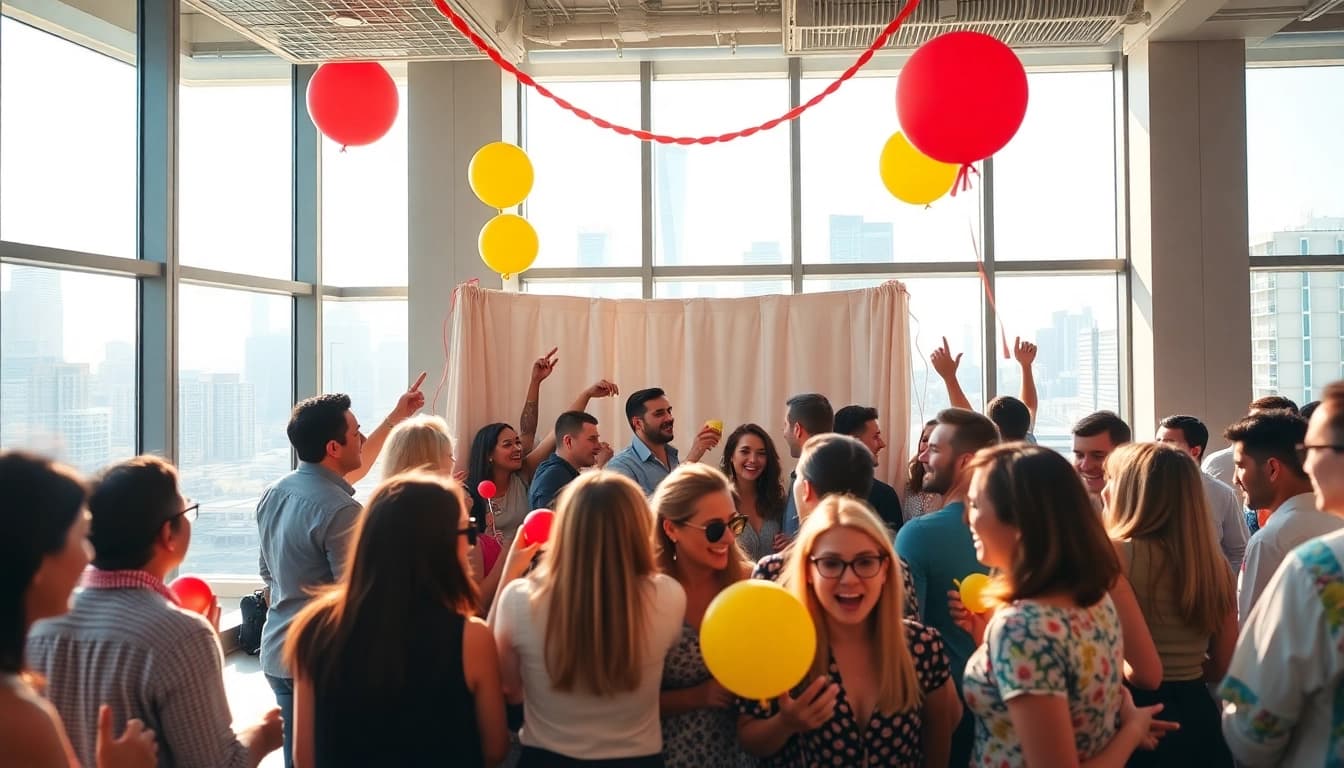 Guests enjoying a photo booth Chicago experience with vibrant decorations and props.