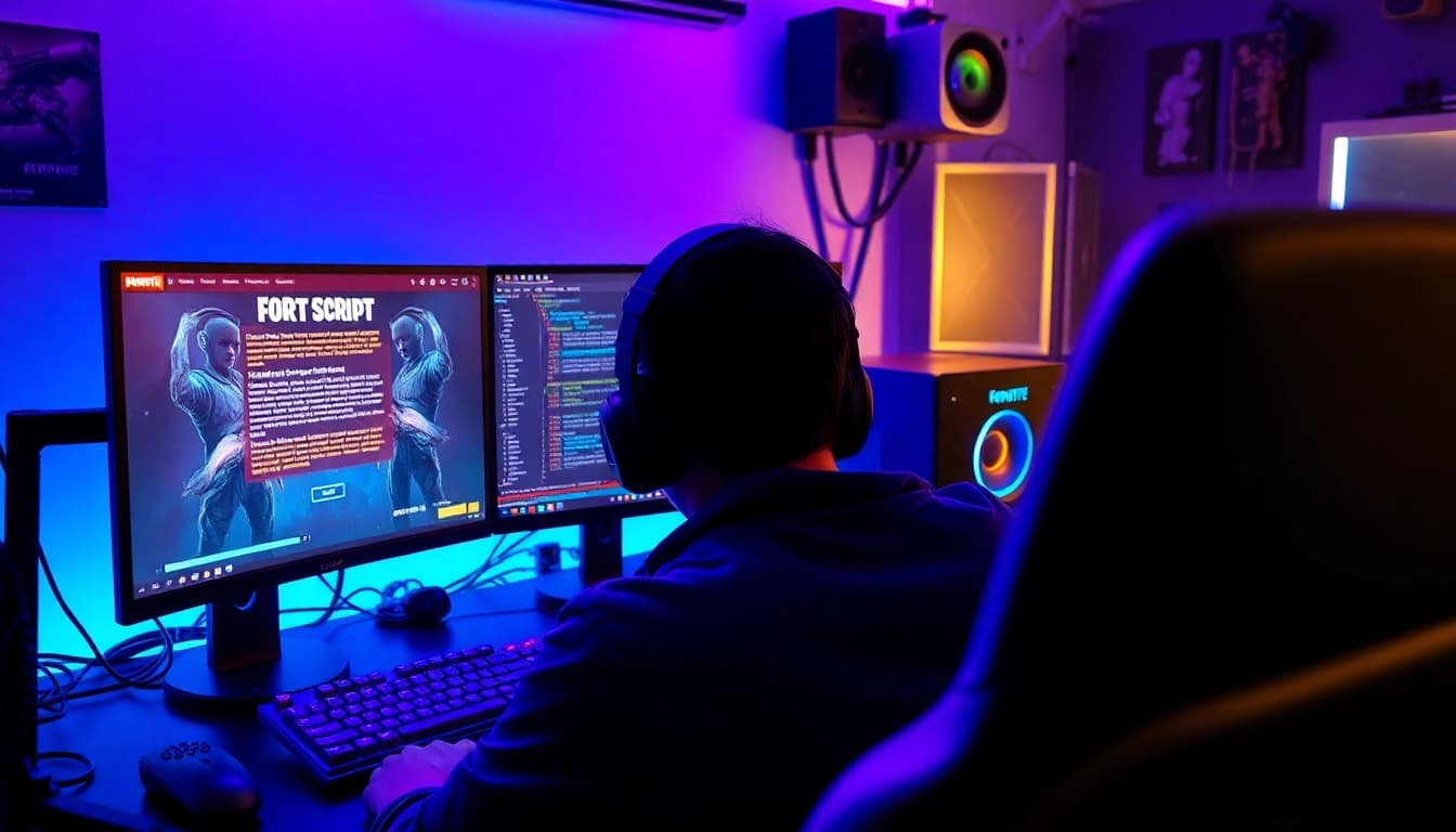 The Best Fortnite script interface displayed on a dynamic gaming setup, showcasing excitement and immersion.