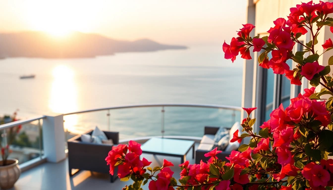 Beautiful view of a modern apartment balcony to buy apartment in alanya with Mediterranean coast in the background.