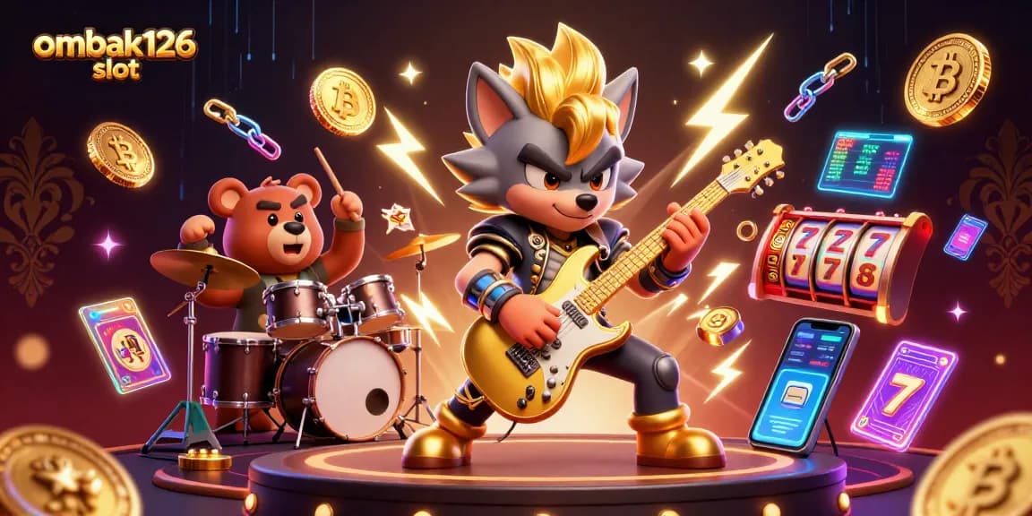 Join the excitement with ombak126 slot in this vibrant 3D casino illustration featuringrock star characters and crypto elements.