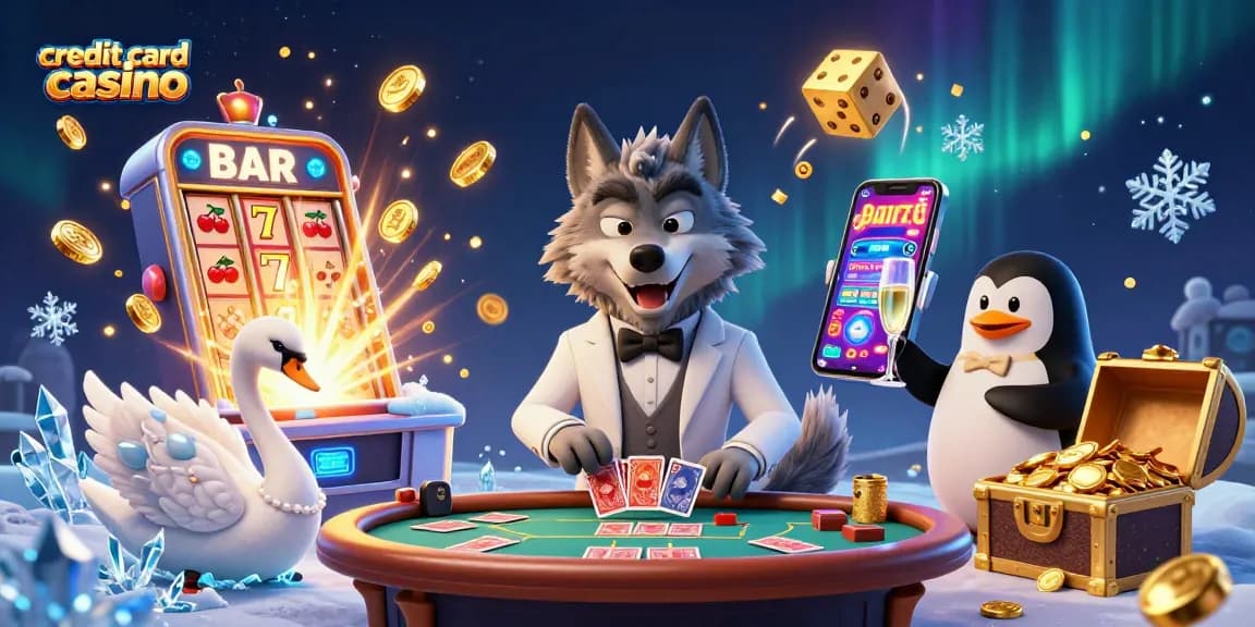 Celebrate the thrill of credit card casinos with a dynamic 3D scene of characters and casino elements.