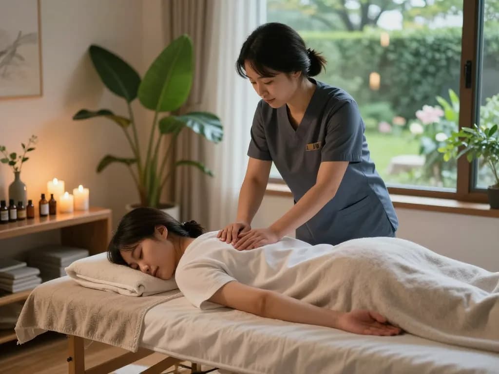 서울출장마사지 session in a serene home with a professional therapist, calming ambiance, and soothing atmosphere.