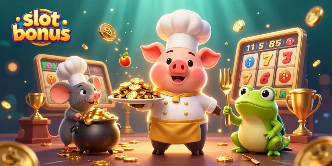 Engage with slot bonus opportunities featuring a gourmet gold coins presentation by chef pig, sous-chef mouse, and critic frog.