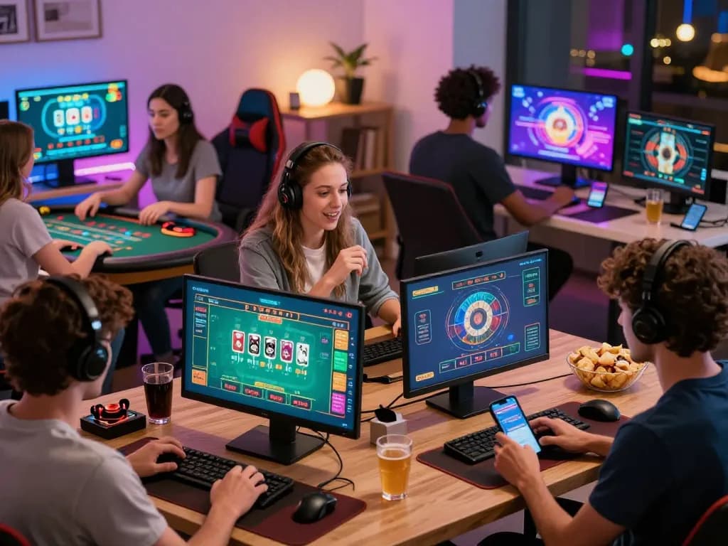 Engaged players enjoying live 바카라사이트 games in a vibrant home office setting with colorful screens and snacks.