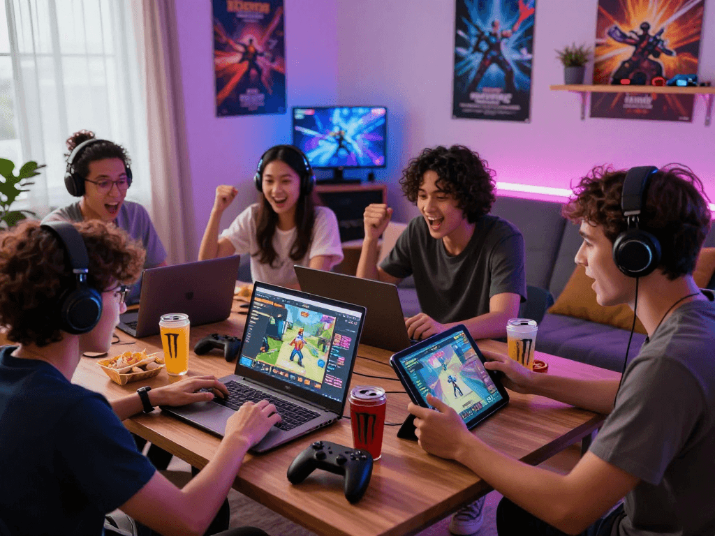Engaging group playing an adult game online in a vibrant living room setting.