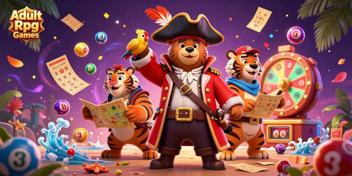 Engage in Adult Rpg Games with vibrant cartoon characters amidst colorful casino elements.