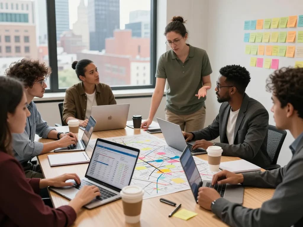 Marketing professionals strategizing Local SEO NYC in a vibrant office environment.