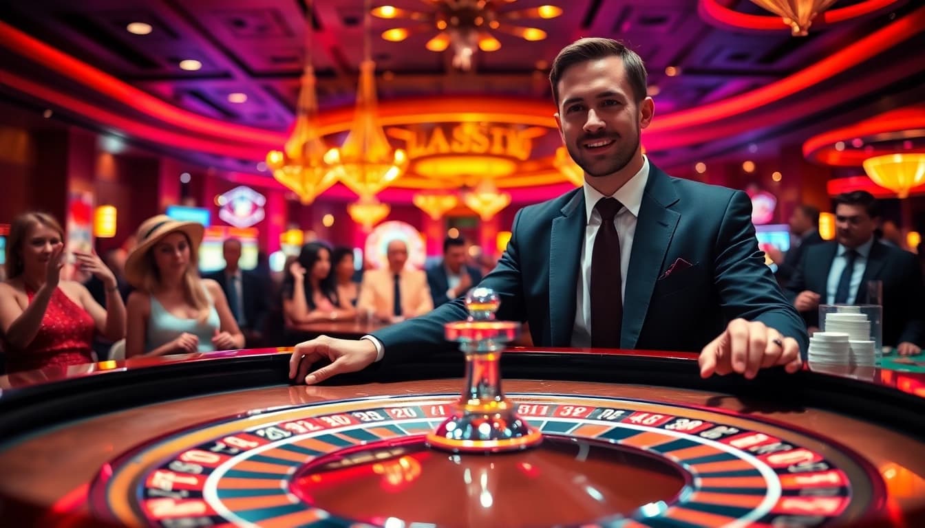 Main dealer at a casino showing toto slot gacor excitement to players at roulette table.