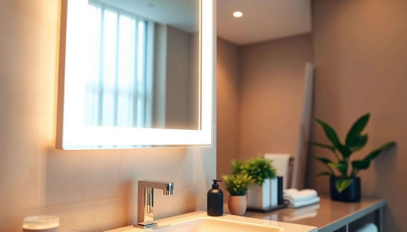Enhance your space with a modern mirror with Lights perfectly illuminating a stylish bathroom.