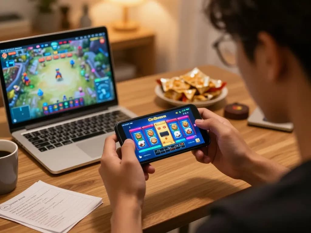 Player spinning slot gacor game on smartphone in cozy home setting with strategic notes.
