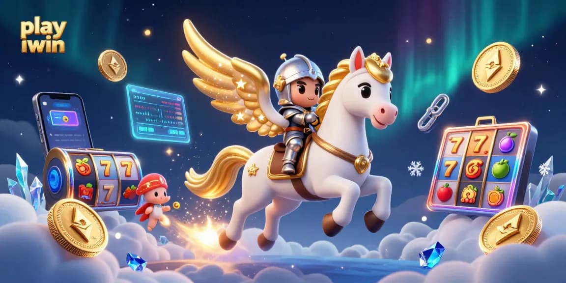 Play iwin with a celestial horse and knight in a dazzling casino-themed illustration.