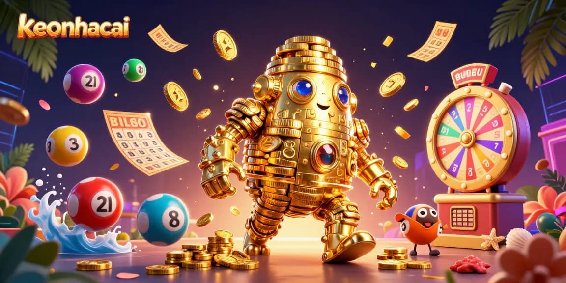 Engage with exciting keonhacai casino action, featuring a golden golem and dynamic lottery elements.