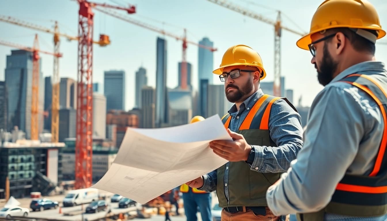Manhattan General Contractor supervising a construction site with blueprints and workers.