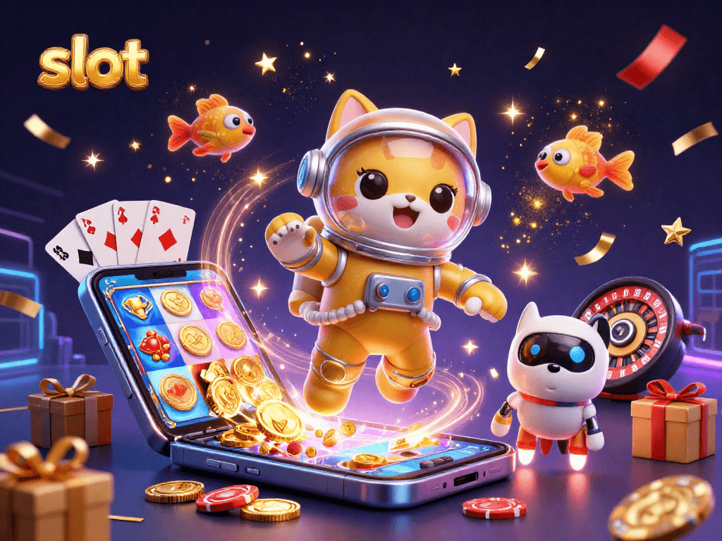 Slot permainan mengasyikkan muncul dari smartphone, dikelilingi kucing astronot dan anjing robot.