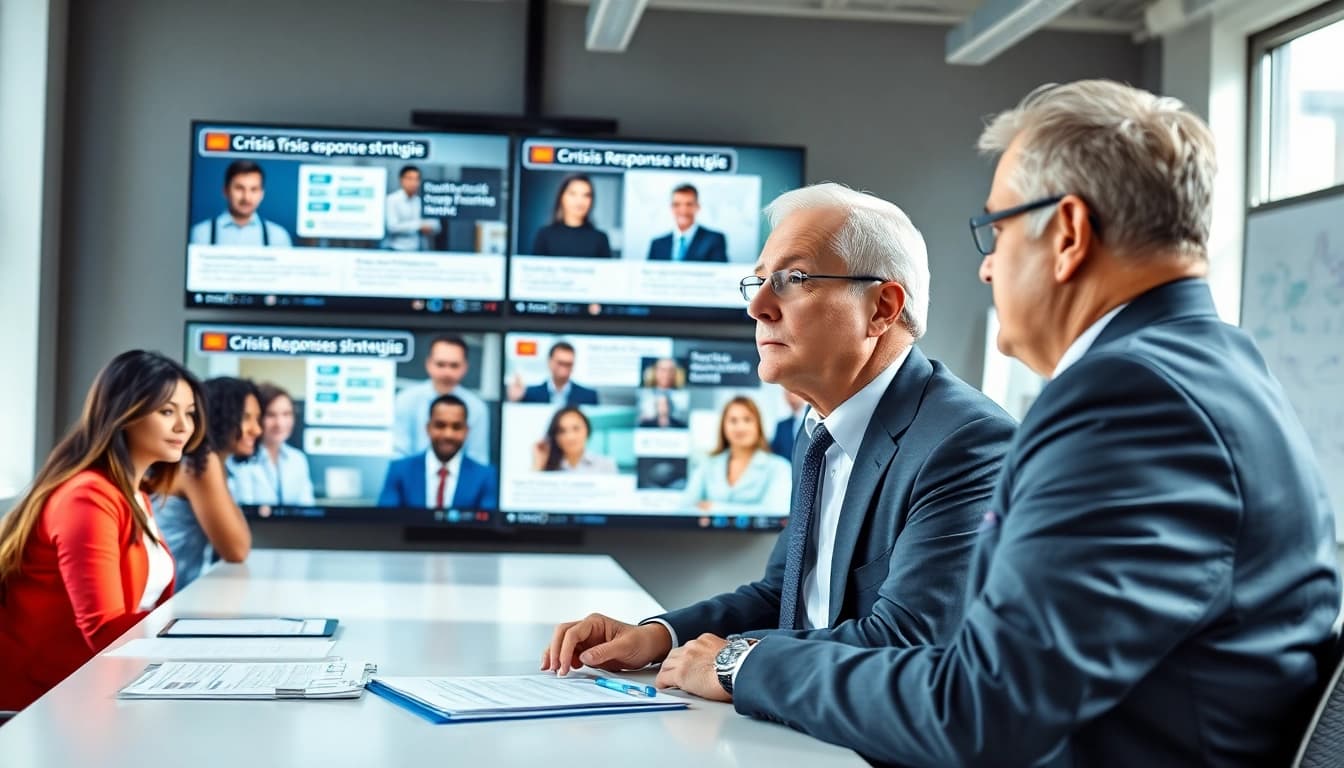 Engaged crisis management consultant leading a strategy meeting in a modern office.