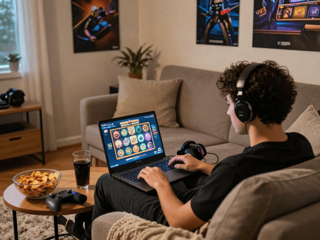 Home gaming setup featuring engaging slot server luar negeri gameplay with snacks and cozy ambiance.