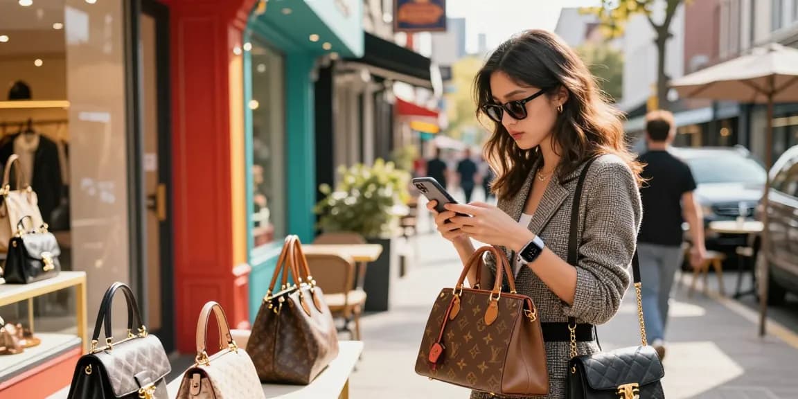 Stylish woman shopping urban streets with luxury replica handbags, highlighting 명품 레플리카 fashion.