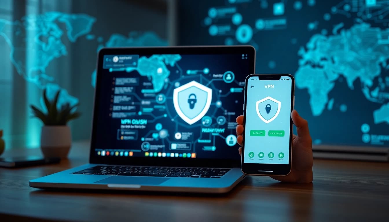 显示在设备上的快连 VPN 界面，象征现代家庭办公室的安全与快速。