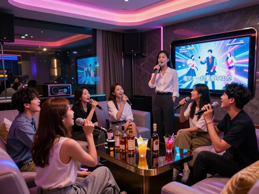 Group enjoying karaoke at www.gangnamtune.com, highlighted by stylish decor and drinks in Gangnam.