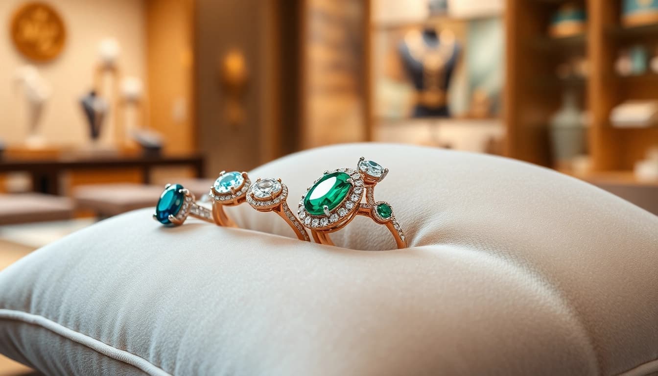 Admiring luxury rings with exquisite gemstones and intricate designs on display.