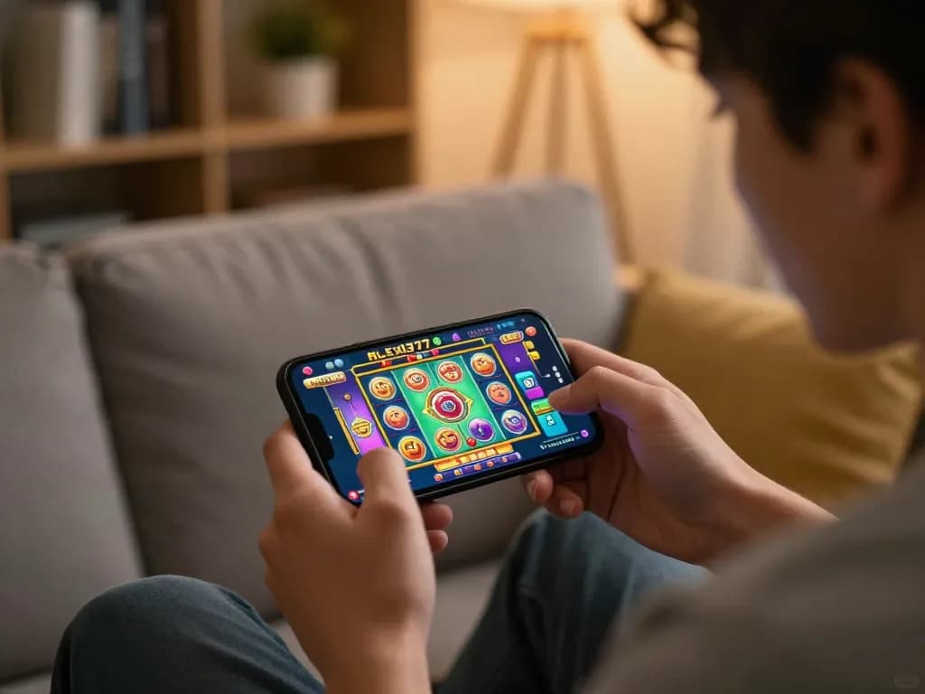 Player enjoying the alexis77 slot app on smartphone, immersed in thrilling online gambling.