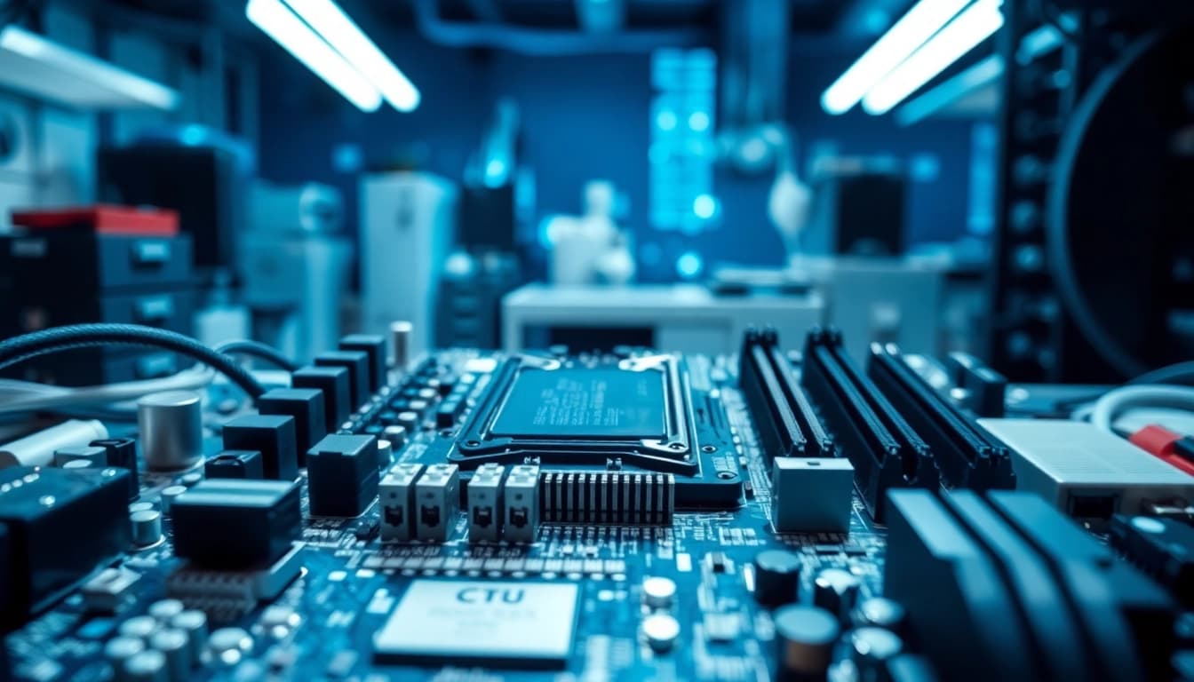 Intensive look at a płyta główna surrounded by electronic components in a high-tech setting.