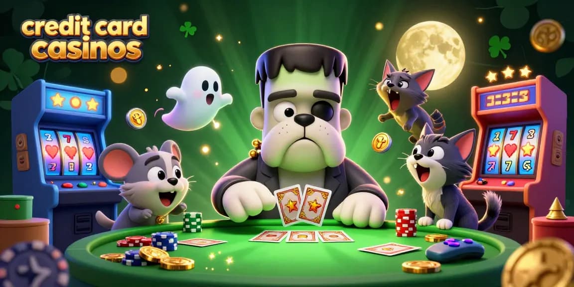 Experience the thrill of credit card casinos with iconic game symbols and a lively casino atmosphere.