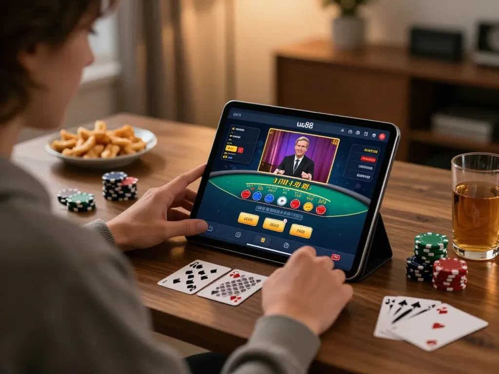 Person playing blackjack on a tablet at home, showcasing uu88 online gaming experience and strategy