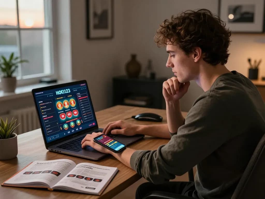 Player strategizing on link gacor at laptop in modern home office, emphasizing responsible gaming.
