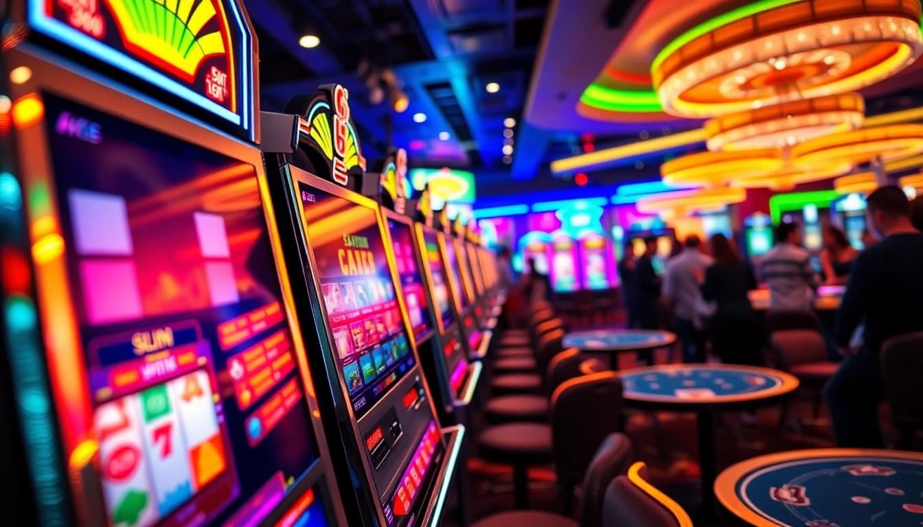 Slot online yang menarik dengan lampu berwarna-warni dan pemain yang antusias.