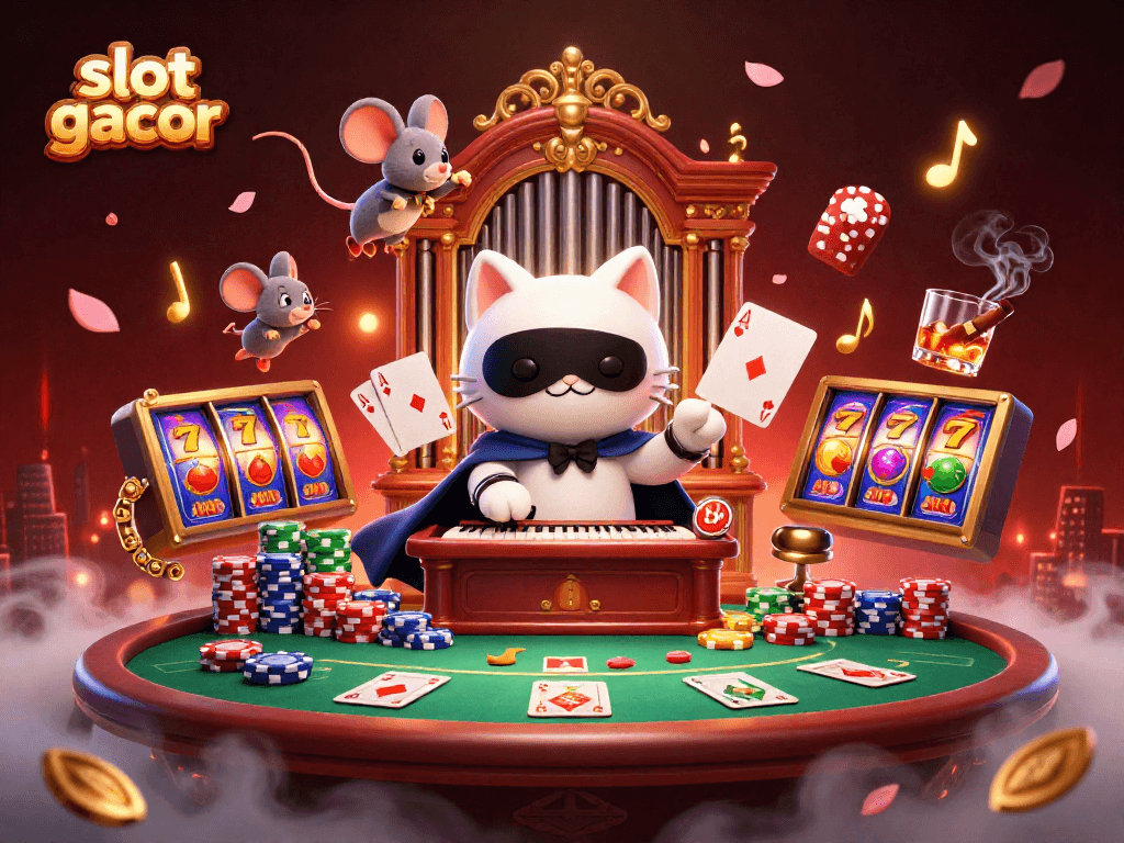 Menangkan slot gacor dengan ilustrasi kasino yang penuh warna dan interaksi karakter.