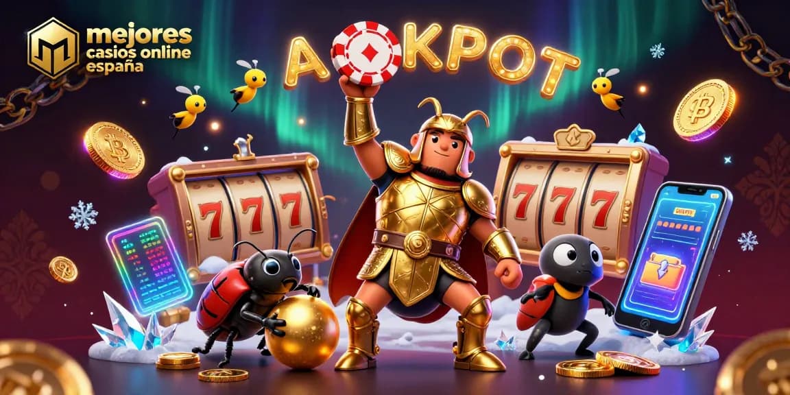 Explora los mejores casinos online en España con un escarabajo Hercules triunfante mostrando sus fichas de póker.