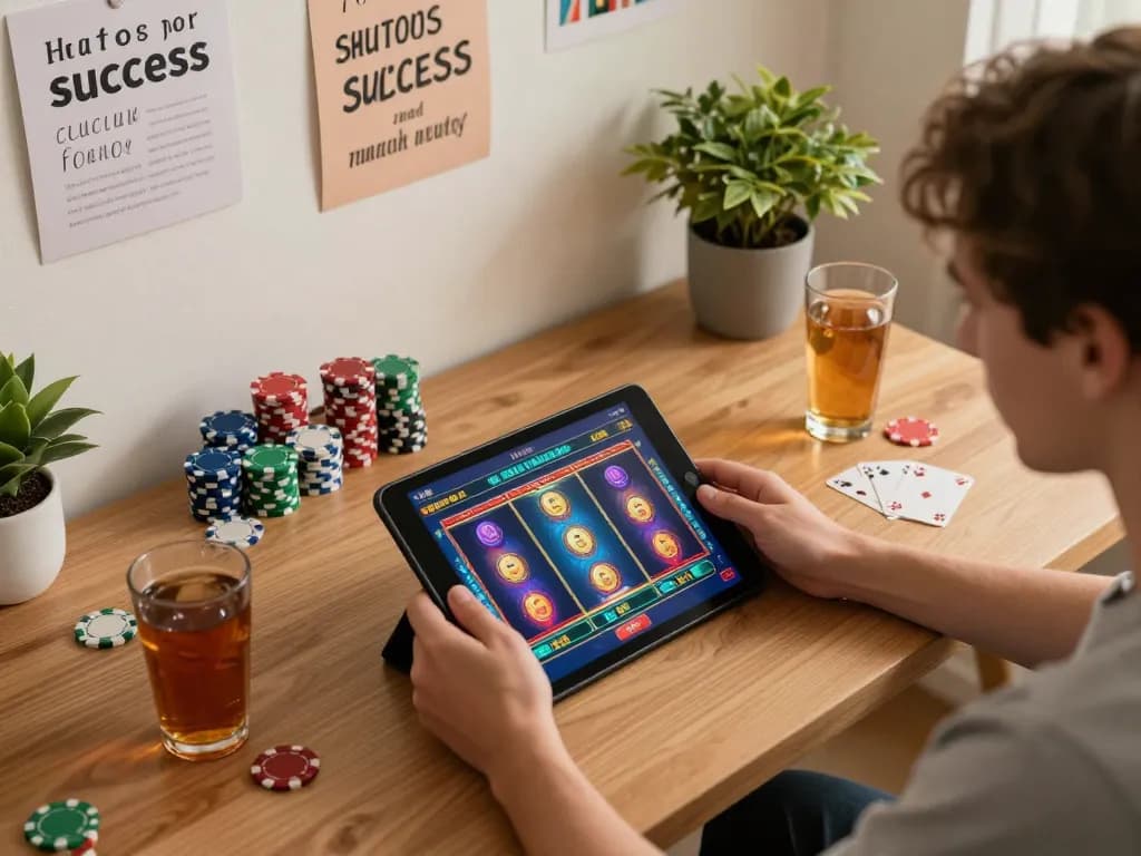 Engaging online gaming scene at home, featuring situs slot gacor action on tablet interface with chips and drinks.