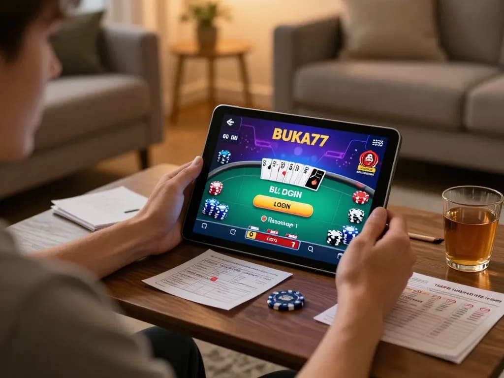 BUKA77 LOGIN screen displayed on tablet in a cozy home setup, showing poker game excitement and a strategic gambling environment.