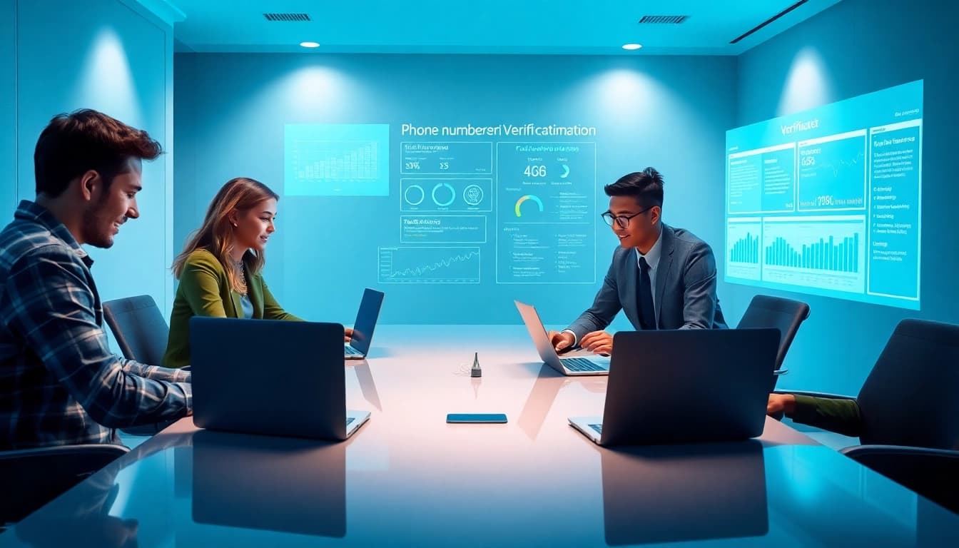 Phone number verification in a modern office setting, showcasing teamwork and technology.