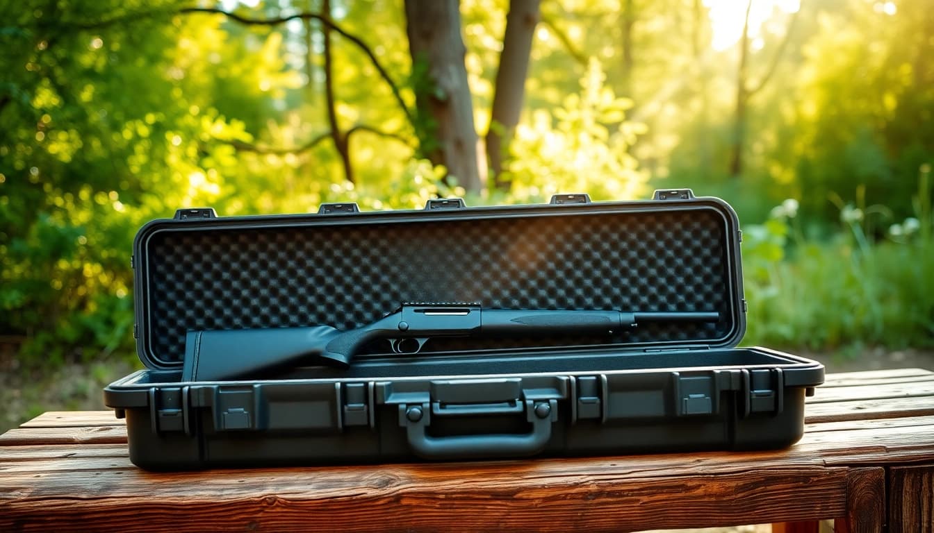 Explore features of a pelican rifle case expertly displayed outdoors, showcasing protection and elegance.