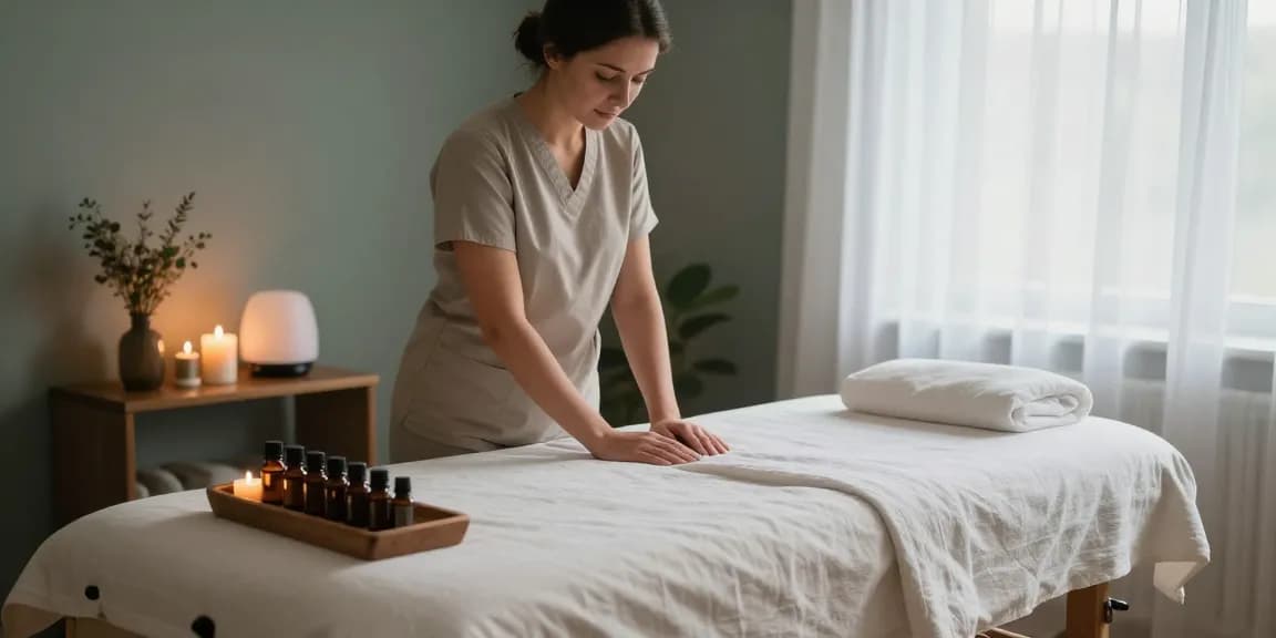 Massage therapy room setup for expert Swedish massage, featuring calming elements and ambient light.