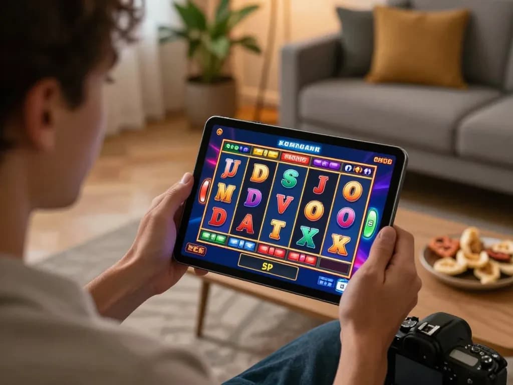 paris888 player spins online slot game on tablet in a cozy living room setting