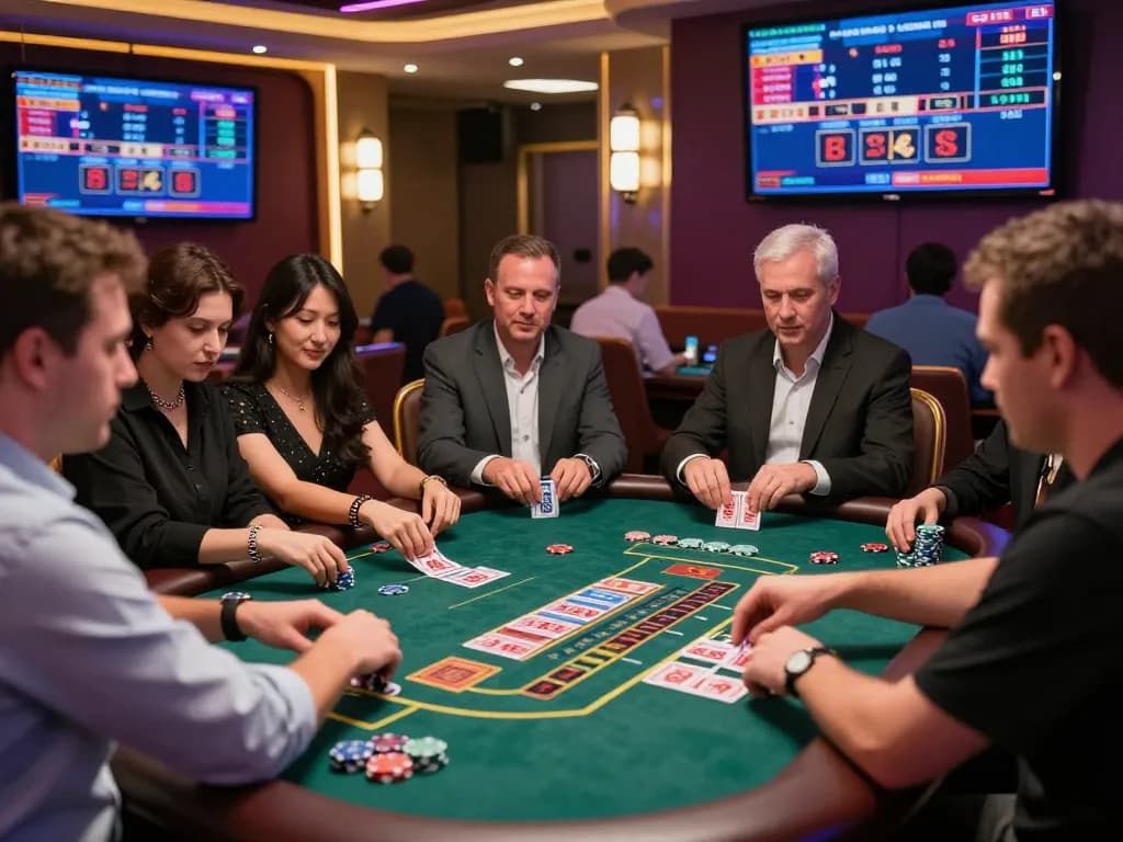 Immersive online baccarat gaming environment featuring players engaged in live dealer action mid-game, showcasing excitement and accessibility in baccarat사이트.