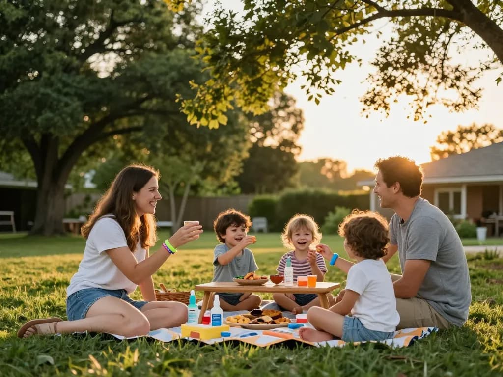 Family enjoying outdoor gathering with mosquito repellent products on picnic table.