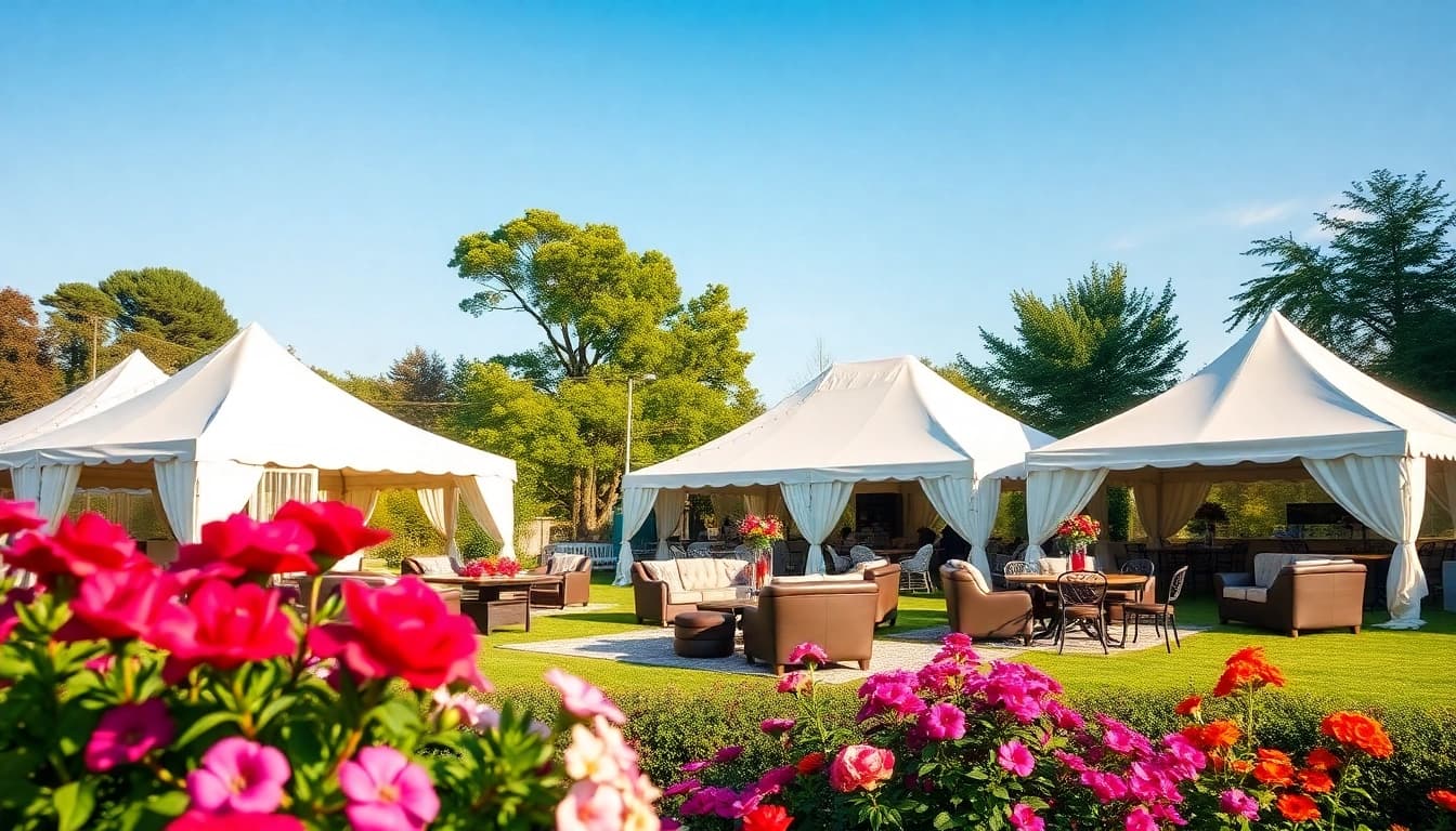 Tent Rentals beautifully arranged in a serene outdoor setting with floral accents.